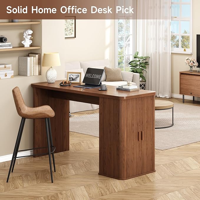 ONBRILL 59 Inch Kitchen Island with Storage, Fluted Counter Height Table, Mid-Century Modern Kitchen Island Table with Sliding Door, Home Bar Tables with Wine Rack and Drawers Walnut