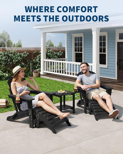 Garvee Folding Adirondack Chair Set of 5, HDPE Outdoor Patio Chair with Cup Holder, All Weather Resistent Wooden Textured for patios, Decks, Gardens, fire Pit, Black
