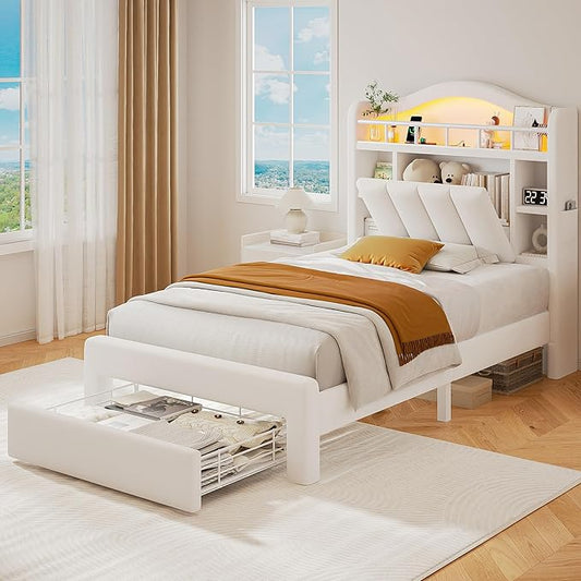 Twin Size Bed Frame with LED Storage Headboard & 2 Storage Drawers, Velvet Upholstered Bed with Vertical Tufted Headboard Design, USB & Type-C Charging Ports, Wooden Slats Support, Noise-Free, Beige