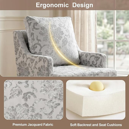 UVV Upholstered Dining Chairs, Modern Jacquard Kitchen Chair Dining Room Chair with 4 Casters, Linen Armchair for Bedroom Reading Room Living Room, Silvery White