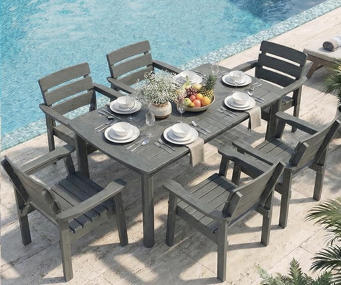 7-Piece Outdoor Dining Set, All-Weather HIPS Patio Table & Chairs for 6, Outdoor Furniture with Umbrella Hole, Ideal for Garden, Poolside, Backyard, Deck, Dark Gray