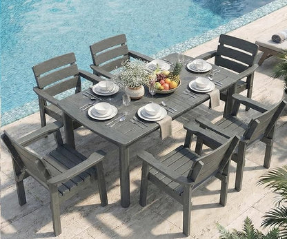 7-Piece Outdoor Dining Set, All-Weather HIPS Patio Table & Chairs for 6, Outdoor Furniture with Umbrella Hole, Ideal for Garden, Poolside, Backyard, Deck, Dark Gray