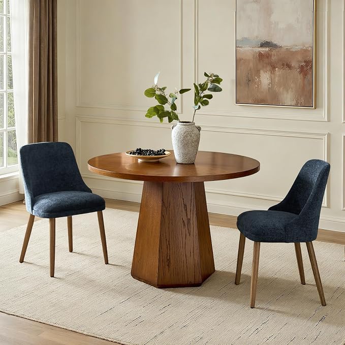 Upholstered Dining Chairs Set of 2, Fabric Dining Room Chairs with Curved Backrest, Solid Wood Legs, Modern Kitchen Chairs for Dining Room Living Room, Navy