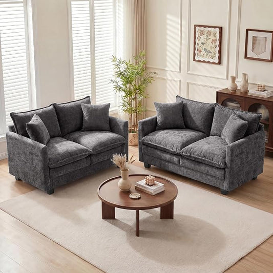 Loveseat Sofa Couch 2 Piece Set, Small Compact 50" Love Seat 27" Deep Cloud Sofa Set Washable Chenille Pillow Living Room Set for Apartment Office 8833-GREY-2+2