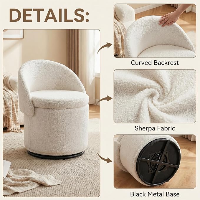 LukeAlon Sherpa Makeup Ottoman with Storage, Upholstered 360° Swivel Vanity Stool with Foldable Backrest Modern Cylindrical Footrest Stool for Living Room Bedroom, White