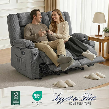 MCombo 55.9" Zero Gravity Power Loveseat Recliner with Heat and Vibration Massage, Reclining Loveseat Sofa with USB Ports, Cup Holders for Living Room, Fabric PR648SET (Grey)