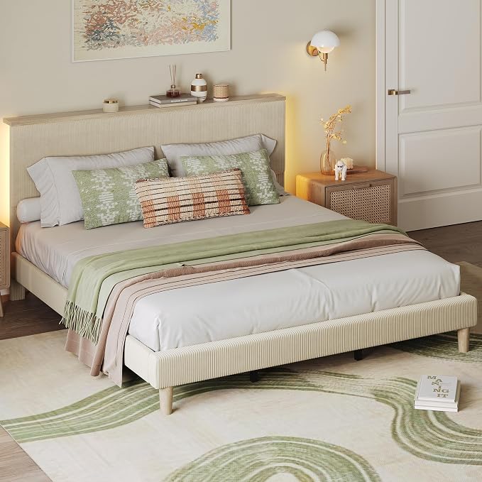 Bestier King Bed Frame with Adjustable Headboard & LEDLighting, Corduroy Upholstered Platform Bed Frame withStorage Shelf, Solid Wood Slats, No Box Spring Needed,Never Squeak, Easy Assembly, Beige