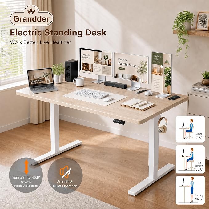 Grandder 63x32 Large Electric Standing Desk, Height Adjustable Computer Desk with 2 Memory Presets, 31.5" Deep Desktop Sit Stand Desk Home Office Desk Workstation Table with Hooks, Light Walnut