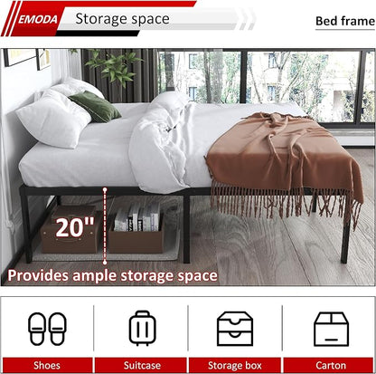 EMODA 20 Inch Queen Bed Frame No Box Spring Needed Heavy Duty Metal Tall Platform Bed Frame Queen Size with Large Storage Space, Easy Assembly, Black
