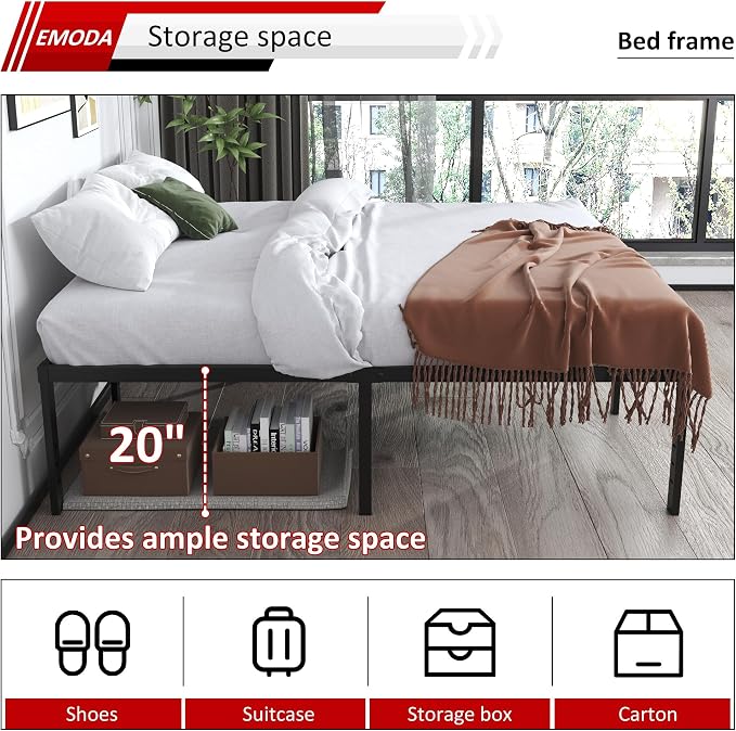 EMODA 20 Inch Tall Full Size Bed Frame with Large Storage Space, Easy Assembly Heavy Duty Metal Platform No Box Spring Needed, Noise Free, Black
