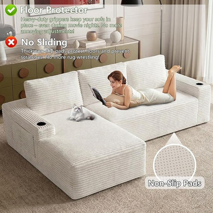 104.3" Modular Sectional Sofa,Modern Corduroy Cloud Couch with Cup Holder & Side Pockets,Boneless Couch Upholstered 3-Seater L-Shaped Sofa for Living Room,No Assembly (White, Left-Facing Chaise) | with Cup Holder