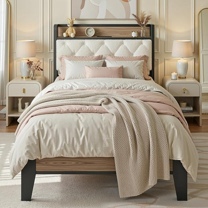ANCTOR Twin XL Bed Frame, Storage Headboard with Charging Station, Platform Bed Frame with Strong Metal Support, Sturdy and Stable, Noise Free, No Box Spring Needed, Easy Assembly, Wood and Cream