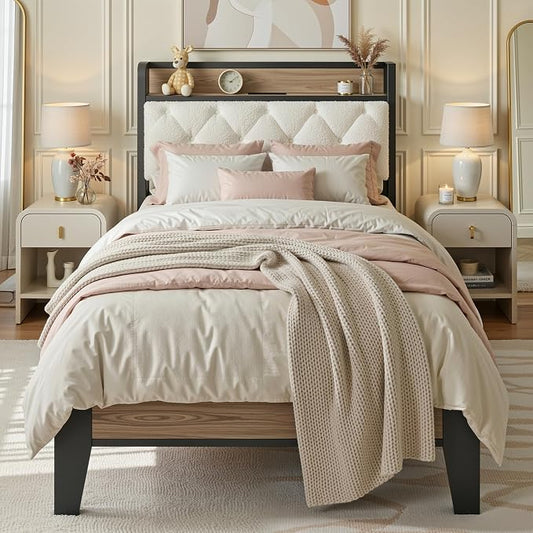 ANCTOR Twin XL Bed Frame, Storage Headboard with Charging Station, Platform Bed Frame with Strong Metal Support, Sturdy and Stable, Noise Free, No Box Spring Needed, Easy Assembly, Wood and Cream