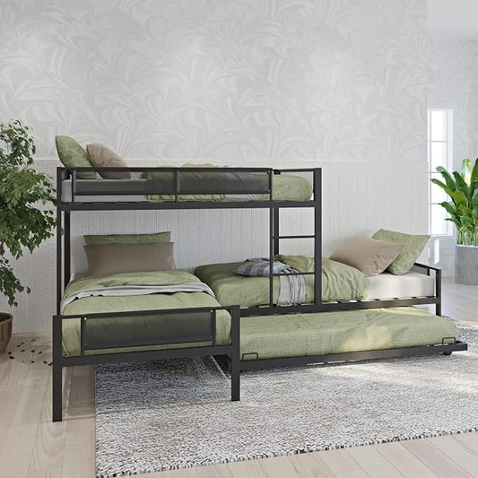 Livavege L-Shape Triple Bunk Bed with Trundle for 4 Kids/Teens/Adults, Metal Bunk Bed Twin Over Twin with Textilene Guardrail, Wood Slats, Low Bunkbed Frame for Dorm, Bedroom, Guest Room