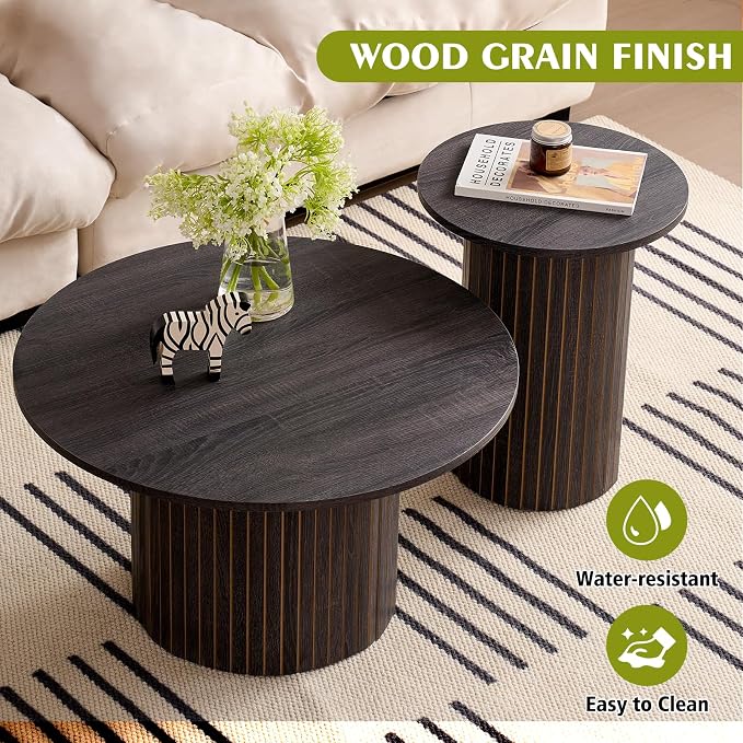 Round Nesting Coffee Table Set of 2, Fluted for Small Spaces | Modern style, suitable for living rooms, roller design, wooden