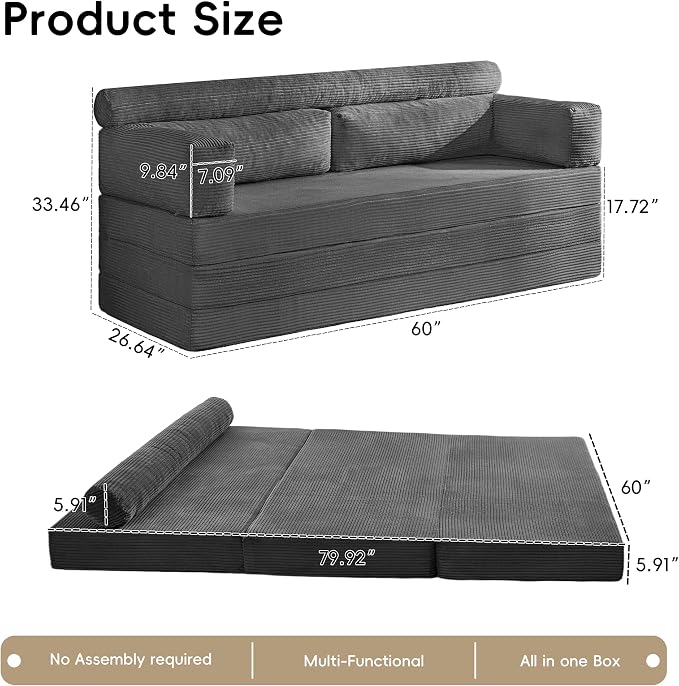 5-in-1 Convertible Sofa Bed, 60" Boneless Loveseat Couch Tri Folding Mattress with Removable L-Shaped Armrests, Corduroy Futon Couch Sleeper with Pull Out Bed for Living Room Bedroom Apartment, Grey