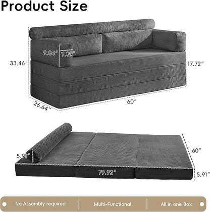 5-in-1 Convertible Sofa Bed, 60" Boneless Loveseat Couch Tri Folding Mattress with Removable L-Shaped Armrests, Corduroy Futon Couch Sleeper with Pull Out Bed for Living Room Bedroom Apartment, Grey