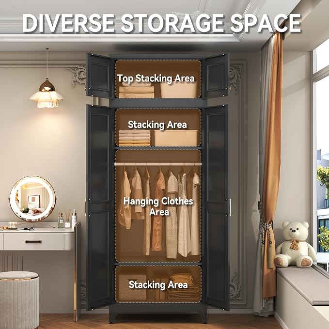 Polup Metal Armoire Closet, 86 Inch Tall Wardrobe Armoire with Hanging Rod, Wardrobe Closet for Clothes with Doors, 18" D x 32" W x 86" H,Black, Assemble Required, Shipped in Two Packages