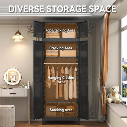 Polup Metal Armoire Closet, 86 Inch Tall Wardrobe Armoire with Hanging Rod, Wardrobe Closet for Clothes with Doors, 18" D x 32" W x 86" H,Black, Assemble Required, Shipped in Two Packages
