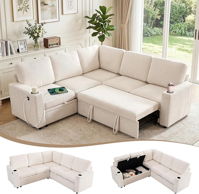 Sectional Sleeper Sofa with Pull Out Bed, Plush Corduroy L Shaped Corner Couch with Storage, USB Ports, Cup Holders, Comfy Sectional Couches for Living Room, White