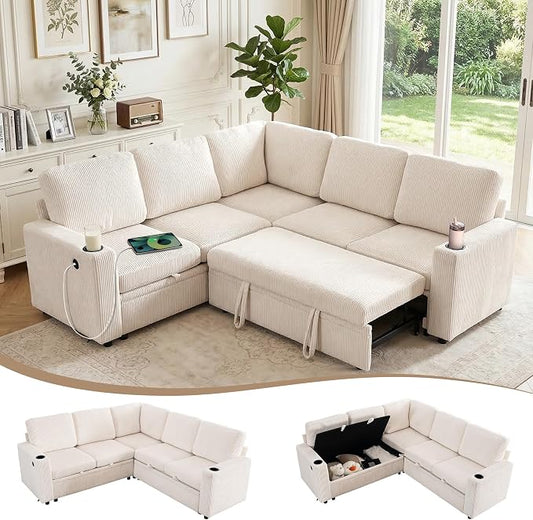 Sectional Sleeper Sofa with Pull Out Bed, Plush Corduroy L Shaped Corner Couch with Storage, USB Ports, Cup Holders, Comfy Sectional Couches for Living Room, White