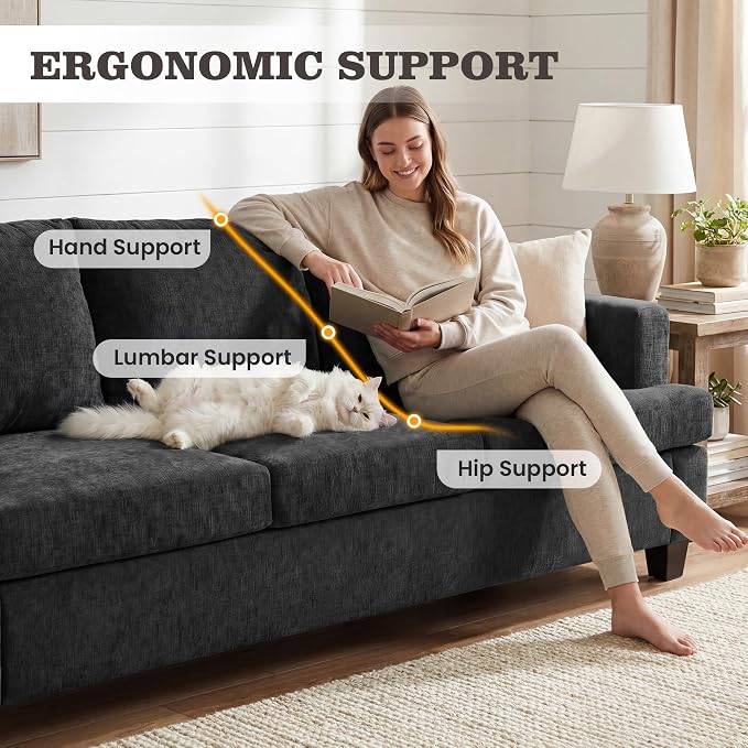Apicizon Set of 3 Couch Set Loveseat & 3-Seater Sofa, 3 Piece Set Comfy Couch for Living Room, Modern Lounge Sofa Couch for Apartment Lounge, Dark Grey Chenille