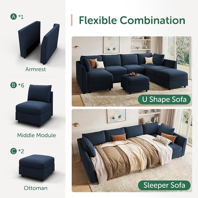 HONBAY Modular Sectional Couch U Shaped Sectional Sofa with Storage Velvet Convertible Sectional Couches for Living Room,Dark Blue