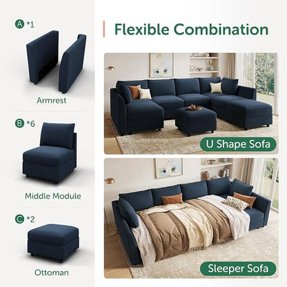 HONBAY Modular Sectional Couch U Shaped Sectional Sofa with Storage Velvet Convertible Sectional Couches for Living Room,Dark Blue