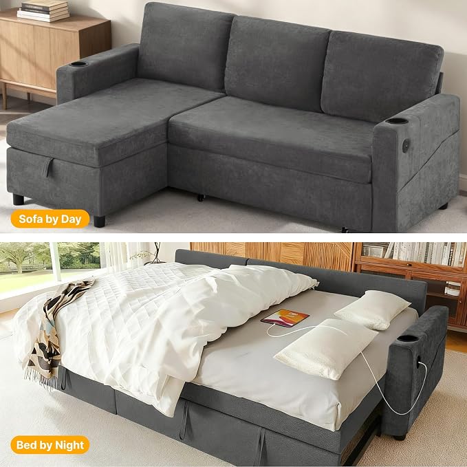 KISLOT 84 Inch Sectional Sleeper Sofa with Pull Out Bed Convertible 2 in 1 Couch with Storage Chaise & USB Charging Comfy L Shaped Modular Couches for Living Room Apartment(2 Box)