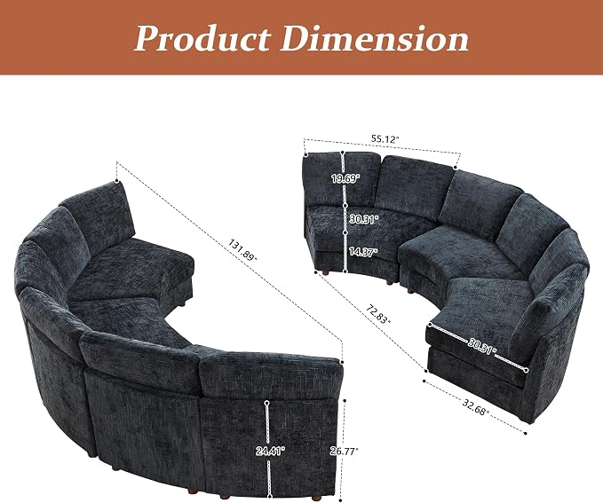 ORRD Curved Half Moon Sectional Sofa, Symmetrical Modular Sectional Couch, Boucle Modular Sectional Sofa with Pillows, Chenille Comfy 6 Seat Couch for Living Room, Black Blue