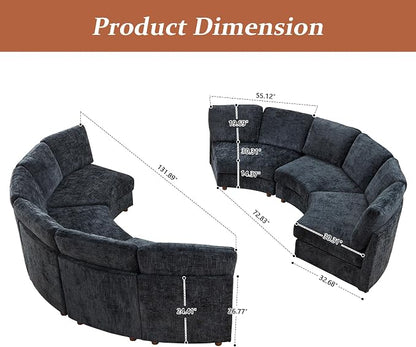 ORRD Curved Half Moon Sectional Sofa, Symmetrical Modular Sectional Couch, Boucle Modular Sectional Sofa with Pillows, Chenille Comfy 6 Seat Couch for Living Room, Black Blue
