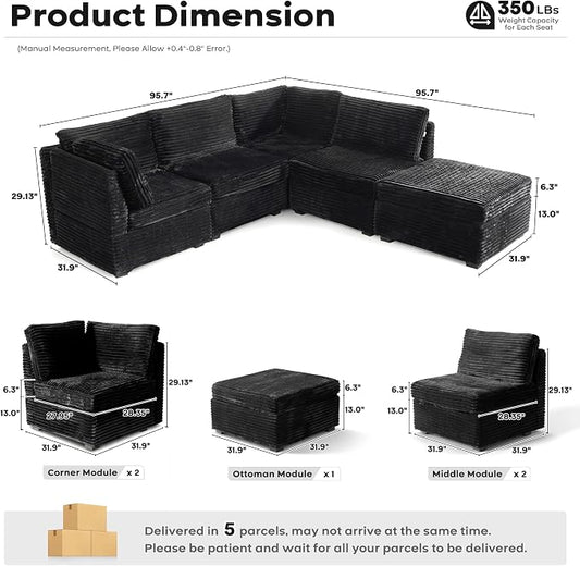 ovios Modular Sectional Sofa Couch with L-Shape Chaise Ottoman, Comfy Plush Corduroy Cloud Couches, Modern Luxury Deep Seat Sofas Set for Living Room, 5-Seater, Black