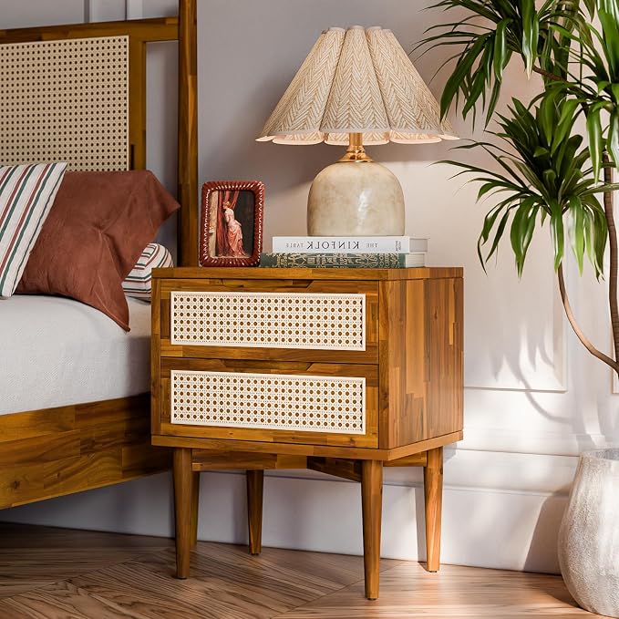 Bme Oliver Solid Wood Rattan Nightstand/Side Table/End Table, Fully Assembled, for Bohemian & Mid Century Style Bedroom and Living Room, Caramel | Fully Assembled