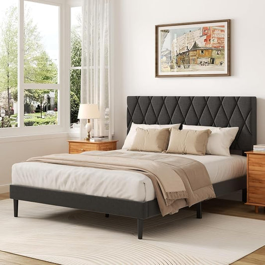 CXVX Full Size Bed Frame with Diamond Tufted Headboard, Linen Upholstered Platform Bed and Wooden Slat Support, Noise-Free, No Box Spring Needed, Easy Assembly, Dark Grey