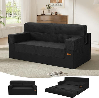 MeMoreCool Queen Sofa Bed, 4-in-1 Pull Out Couch Bed with Wedge Pillow, Boneless Futon Sleeper Loveseat, No Assembly Folding Sofa for Living Room Guest Room, Black Corduroy