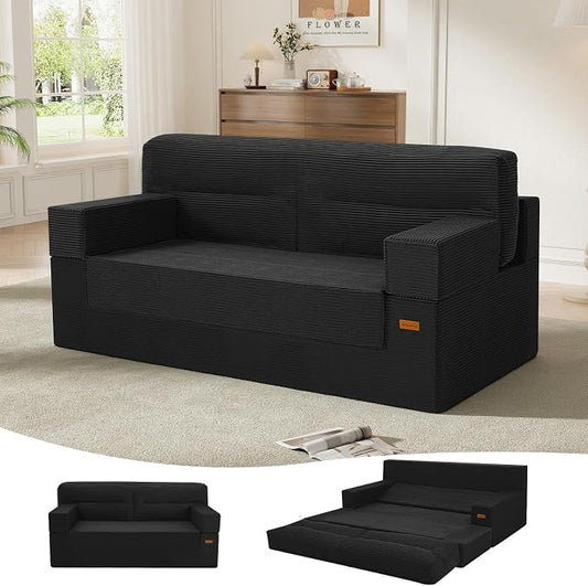 MeMoreCool Queen Sofa Bed, 4-in-1 Pull Out Couch Bed with Wedge Pillow, Boneless Futon Sleeper Loveseat, No Assembly Folding Sofa for Living Room Guest Room, Black Corduroy