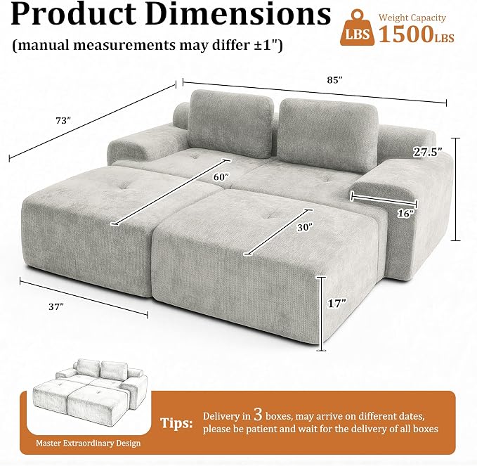 85" Oversized Boneless Couch, Comfort Cloud Sectional Couches for Living Room, Modular Sofa High Back & Extra Deep Seat, No Assembly, Soft Chenille Fabric (Light Grey, 85 inch- Shaped（2+2）)