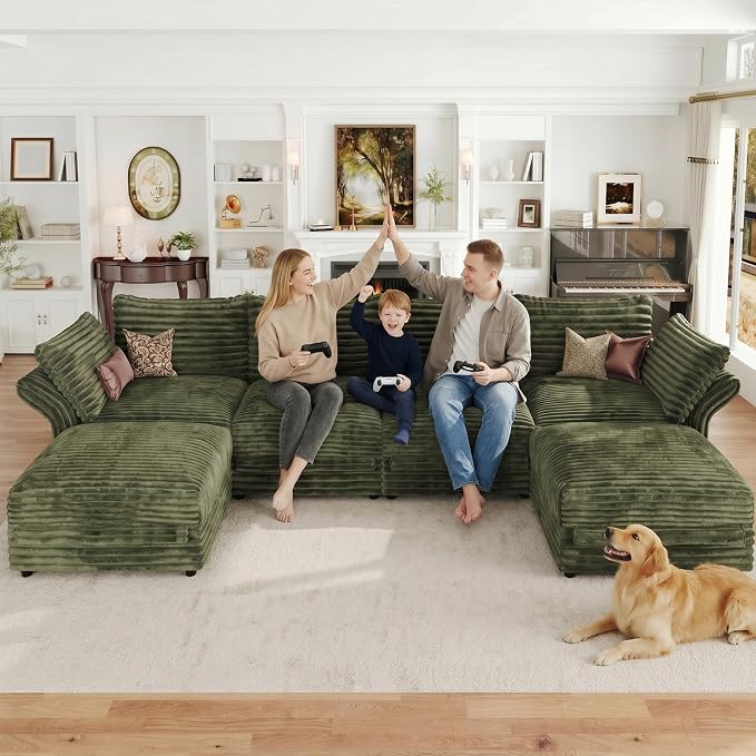 DreamDashio 159” 6-Seat U-Shaped Sectional Sofa, Oversized Extra Wide Deep Seat Detachable Modular Cloud Couch, Certified Corduroy Fabric with Storage & High Backs, for Home Theater, Green