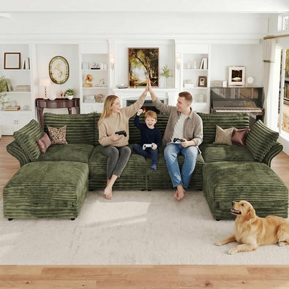 DreamDashio 159” 6-Seat U-Shaped Sectional Sofa, Oversized Extra Wide Deep Seat Detachable Modular Cloud Couch, Certified Corduroy Fabric with Storage & High Backs, for Home Theater, Green