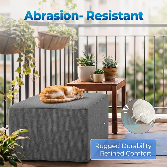Living&Giving Square Outdoor Ottoman Pouf, 24 Inch Waterproof Patio Ottoman Foot Rest with Solid High-Density Foam, Comfy Boneless Footstool for Outside Couch & Seating, Dark Gray