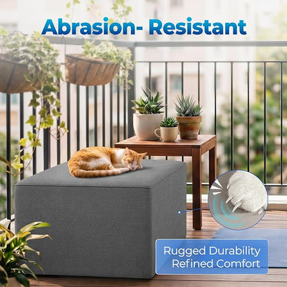 Living&Giving Square Outdoor Ottoman Pouf, 24 Inch Waterproof Patio Ottoman Foot Rest with Solid High-Density Foam, Comfy Boneless Footstool for Outside Couch & Seating, Dark Gray