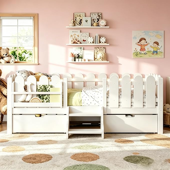 Bellemave Twin Size Platform Bed with Storage Drawers & Bookshelf for Boys Girls, Kids Twin Bed Frame with LED Lights & Stairs for Children's Room, White