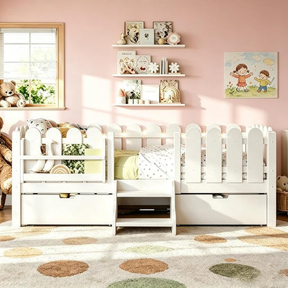 Bellemave Twin Size Platform Bed with Storage Drawers & Bookshelf for Boys Girls, Kids Twin Bed Frame with LED Lights & Stairs for Children's Room, White