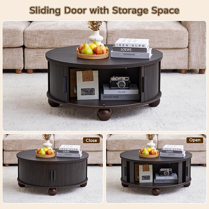 Round Lift Top Coffee Table with Hidden Storage, 33.5'' Mid-Century Fluted Coffee Table with Sliding Tambour Door Solid Wood Legs, Circle Center Table for Living Room, Small Space (Smoked Dark Brown)