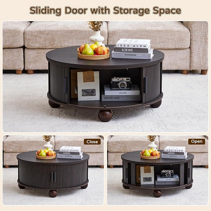 Round Lift Top Coffee Table with Hidden Storage, 33.5'' Mid-Century Fluted Coffee Table with Sliding Tambour Door Solid Wood Legs, Circle Center Table for Living Room, Small Space (Smoked Dark Brown)