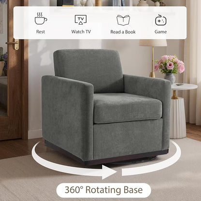 360° Swivel Accent Chairs Set of 2, 31" Wide Upholstered Club Armchairs for Living Room, Comfy Square Swivel Barrel Chair with Metal Base, Chenille Fabric, Dark Gray