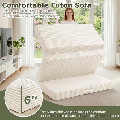 Convertible Sofa Bed, Boneless Loveseat with Removable Cushions & Washable Cover, Futon Sofa Bed with Handle, Pull Out Couch for Living Room, King Size, Beige