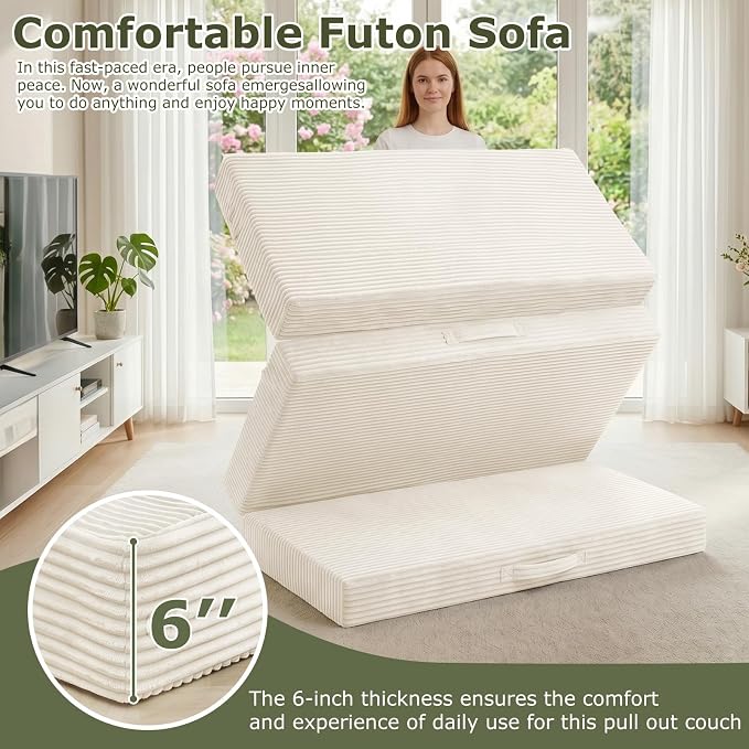 Convertible Sofa Bed, Boneless Couch Loveseat with Removable Cushions & Washable Cover, Futon Sofa Bed with Handle, Pull Out Couch for Small Spaces, Full Size, Beige