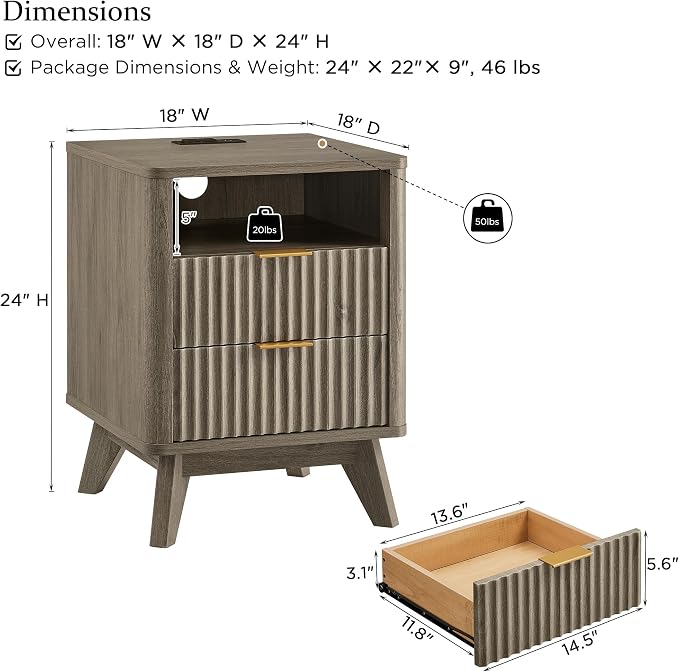 T4TREAM Fluted Nightstand with Charging Station, 18" Modern Side Table with 2 Drawers, End Table w/Storage, Bedside for Bedroom, Living Room, Curved Profile Design, Grey Alder