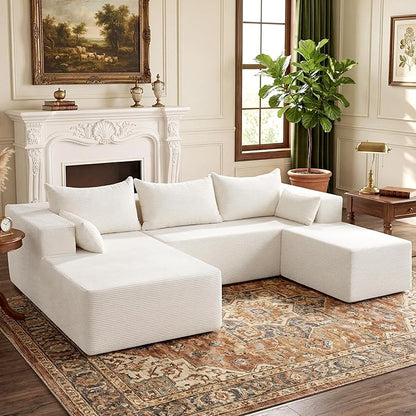 106" Cloud Sectional Boneless Couches for Living Room, Modular U Shaped Couch with Deep Seat, Removable Ottoman, Memory Foam Compressed Spineless 4 Seater Sofa for Bedroom Apartment, Beige